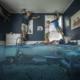 house flooded with children avoiding the water in their bedroom